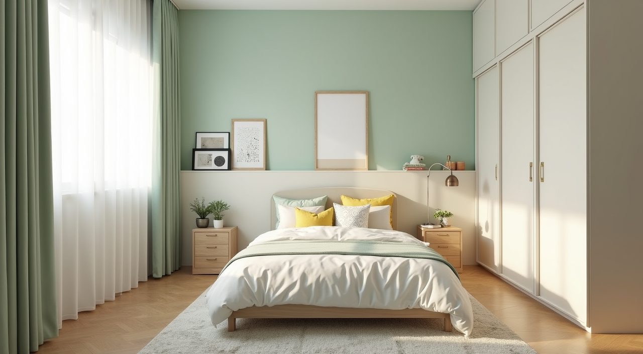 Contemporary HDB kids room with pale sage walls and colourful bedding rug and framed prints