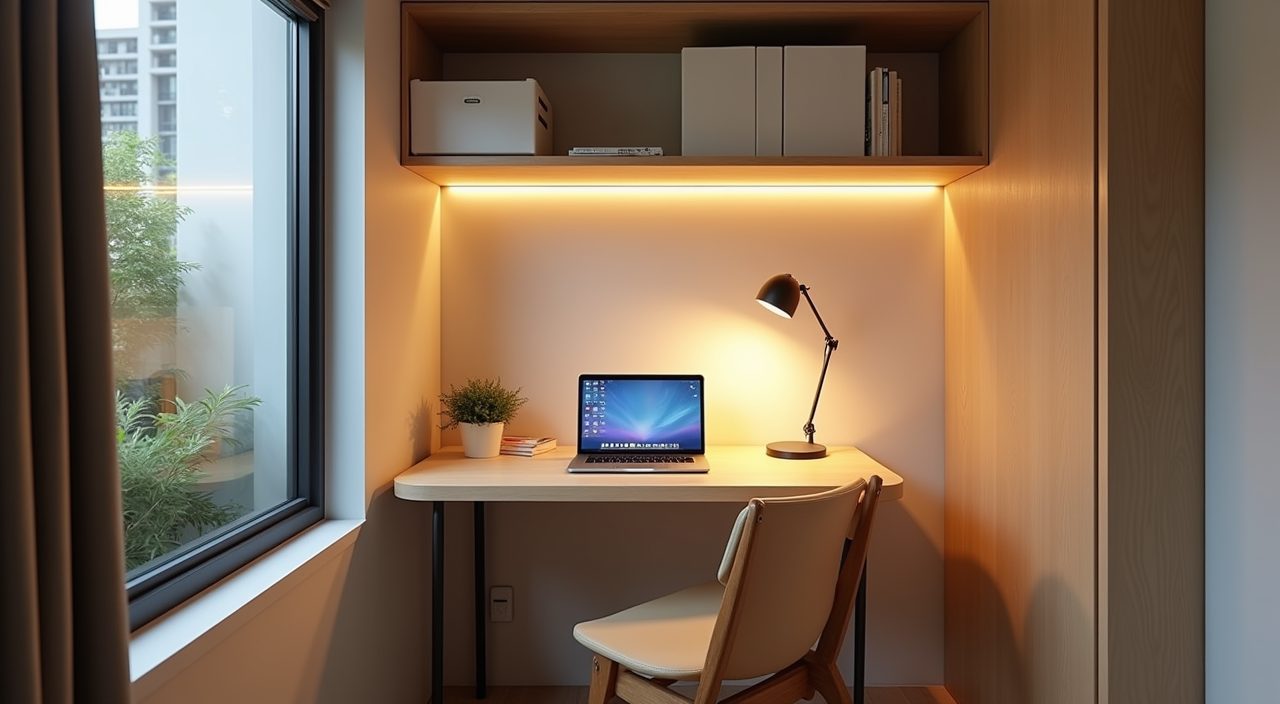 Contemporary HDB kids room study zone with compact desk task lamp and layered lighting by the window