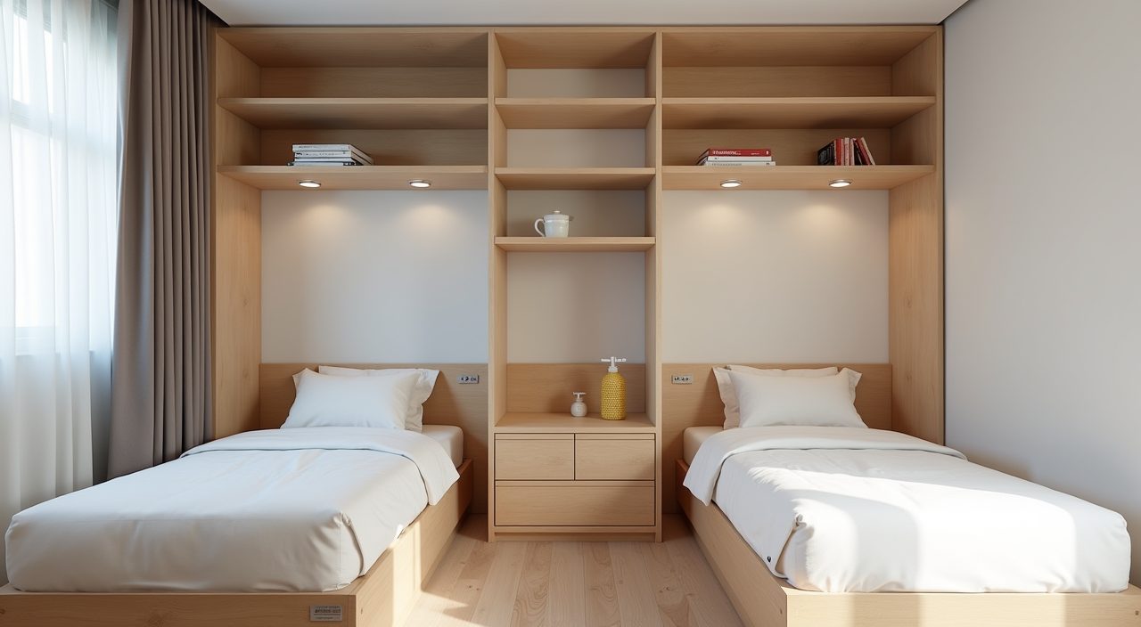 Contemporary shared HDB kids room with two single beds and a central shared storage tower