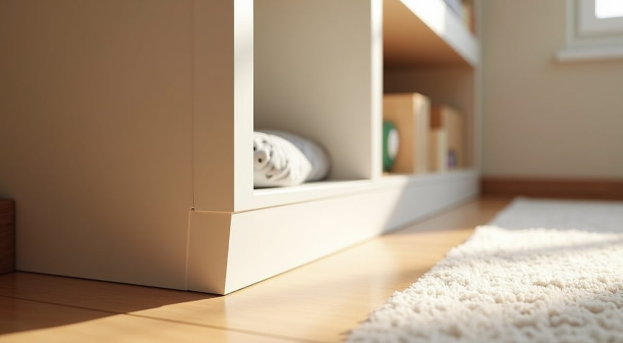 Close up of rounded carpentry corner and wall anchored tall shelving in a safe HDB kids room