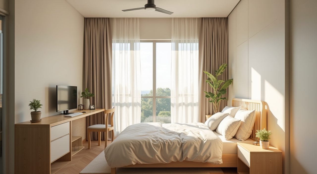 Airy contemporary HDB kids room with open window breathable curtains and ceiling fan for tropical ventilation