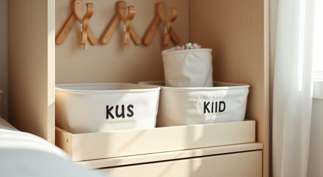 Close up of child height hooks fabric bins and drawers in a contemporary HDB kids room storage zone