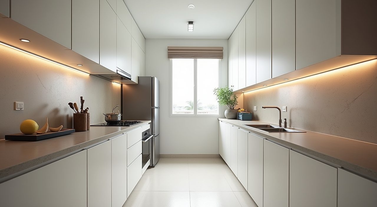 Contemporary galley kitchen layout in a Singapore HDB flat with two facing cabinet runs