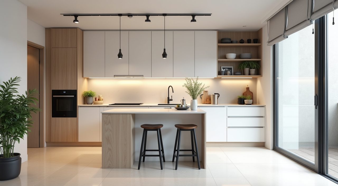 Contemporary HDB flat kitchen with glass partition separating wet and dry cooking zones in Singapore