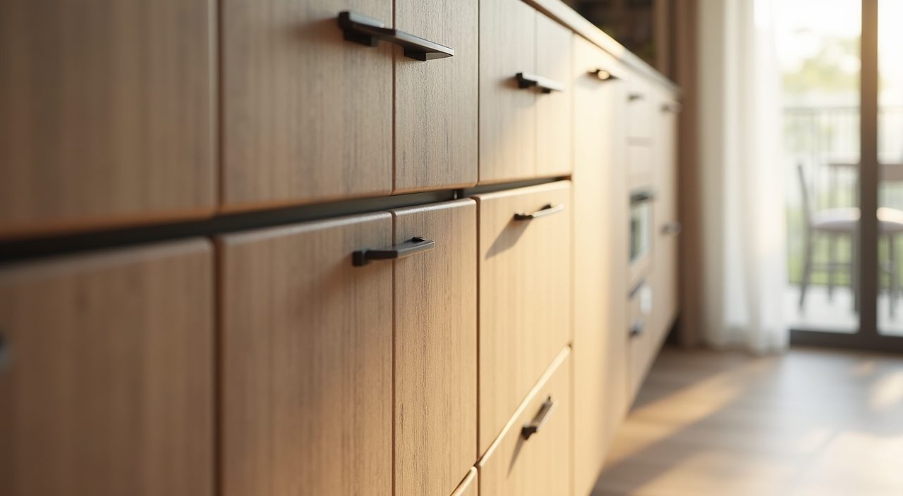 Matte wood look laminate handleless cabinet door finish detail in a contemporary Singapore HDB kitchen