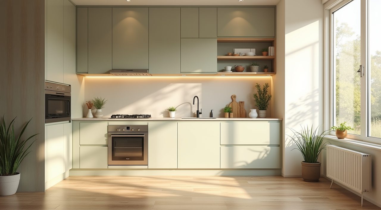 Bright airy contemporary Singapore HDB flat kitchen mood shot at golden hour