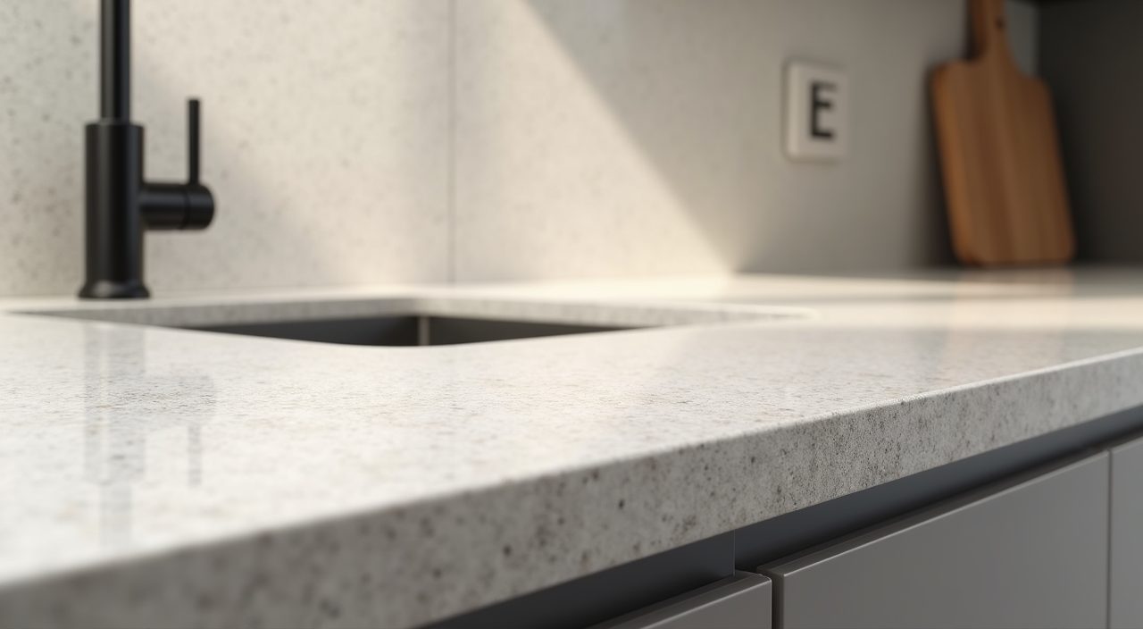 Close up of quartz worktop and porcelain slab backsplash detail in a contemporary Singapore HDB kitchen