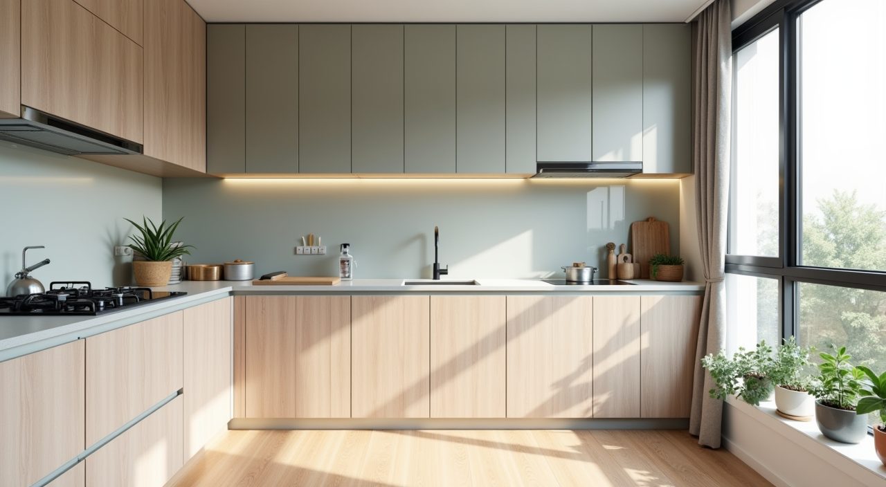 Light and airy contemporary HDB flat kitchen with white and pale wood palette in Singapore