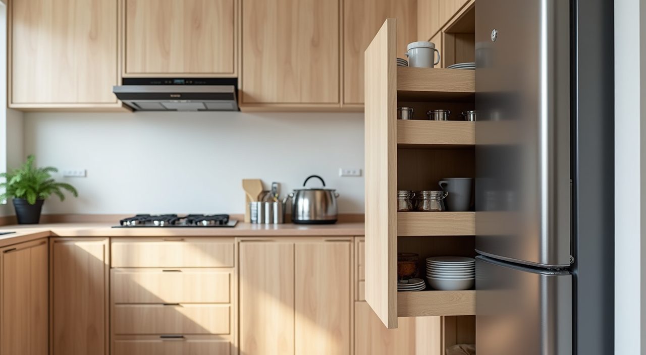 Full height pull out pantry and deep drawer storage detail in a contemporary Singapore HDB kitchen