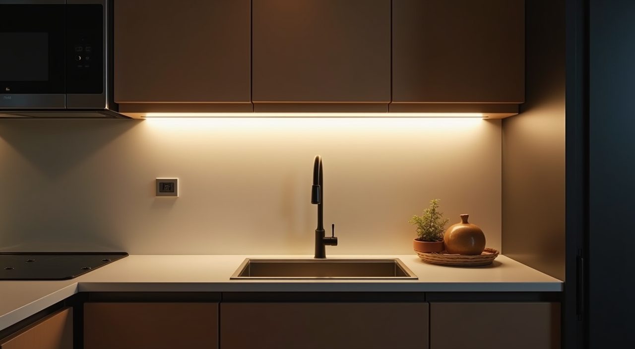Under cabinet LED task lighting detail along the worktop in a contemporary Singapore HDB kitchen