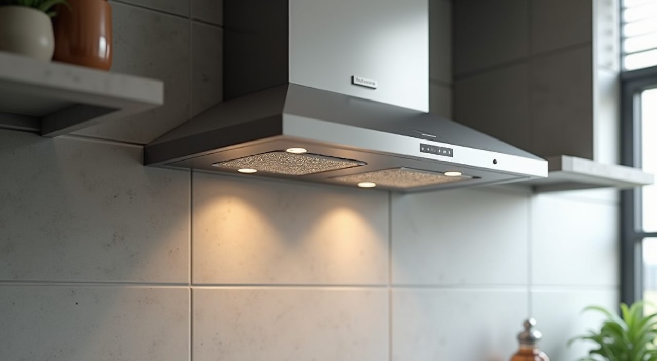 Stainless steel cooker hood and hob ventilation detail in a contemporary Singapore HDB kitchen
