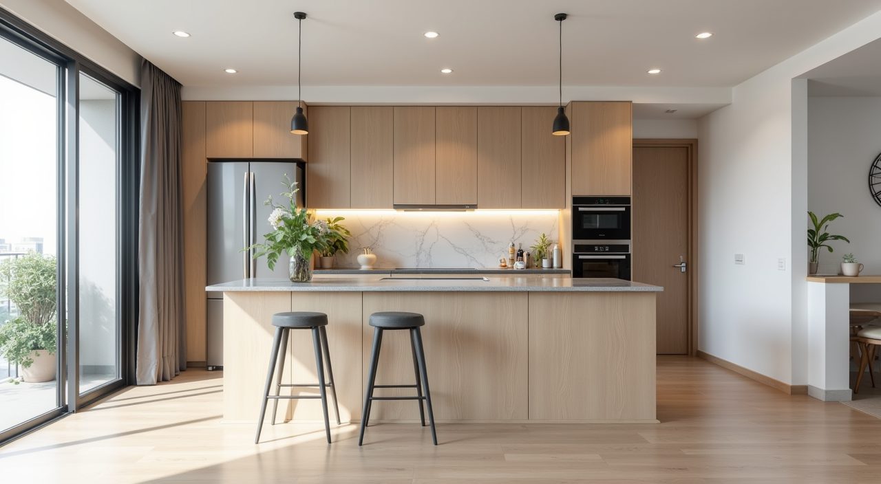 Slim peninsula breakfast counter dividing kitchen and living area in a contemporary Singapore HDB flat