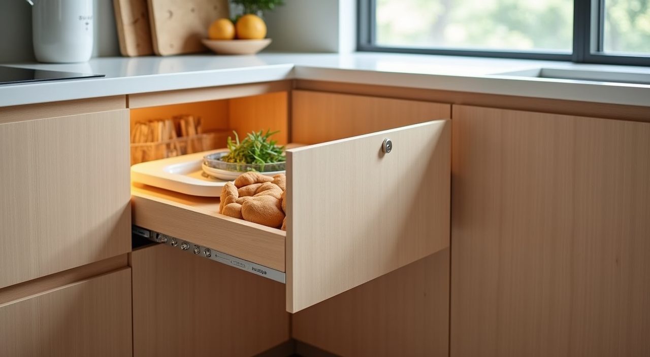 Magic corner carousel storage detail inside an L shaped cabinet in a contemporary Singapore HDB kitchen