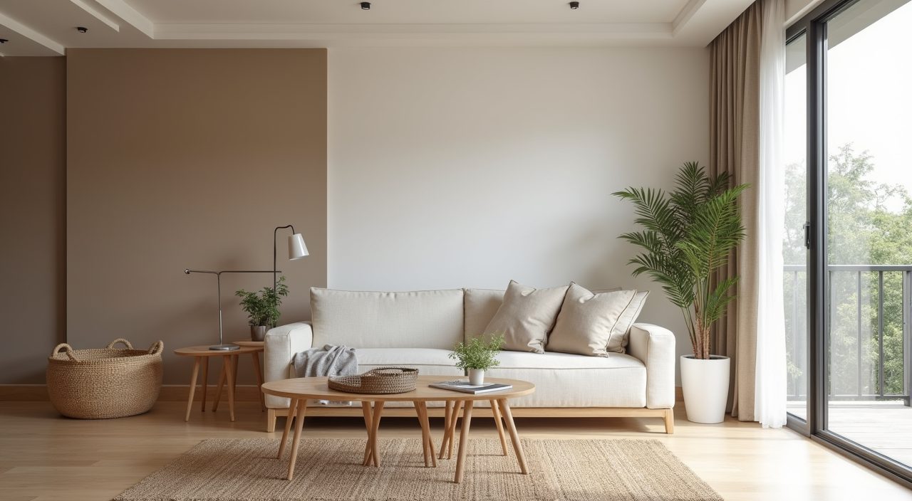Contemporary HDB living room with light neutral palette warmed by oak veneer and rattan
