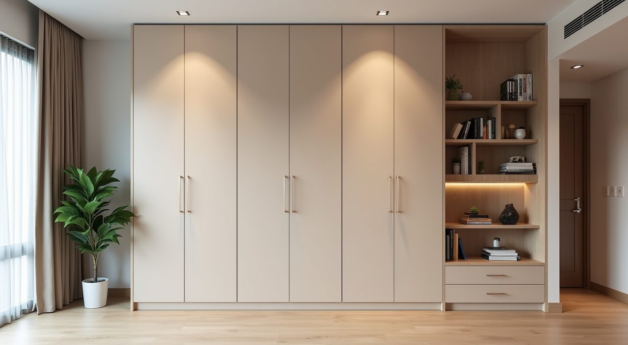 Contemporary HDB living room with full height handleless carpentry storage wall keeping the floor clear