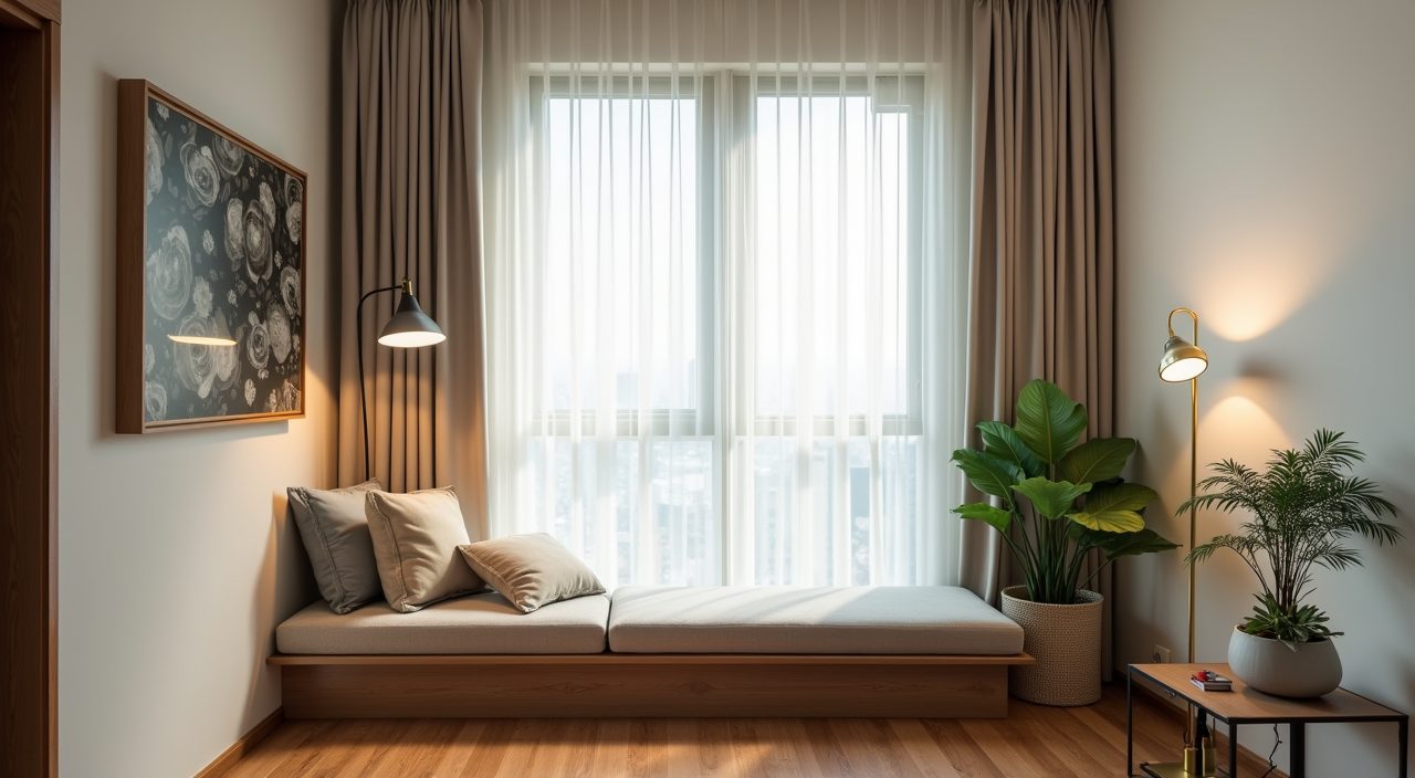 Corner reading nook with a low bench floor lamp and plants in a contemporary HDB living room