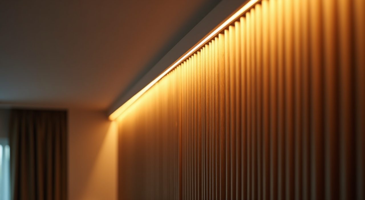 Close up lighting detail of a warm cove LED strip along a false ceiling above fluted timber in an HDB living room