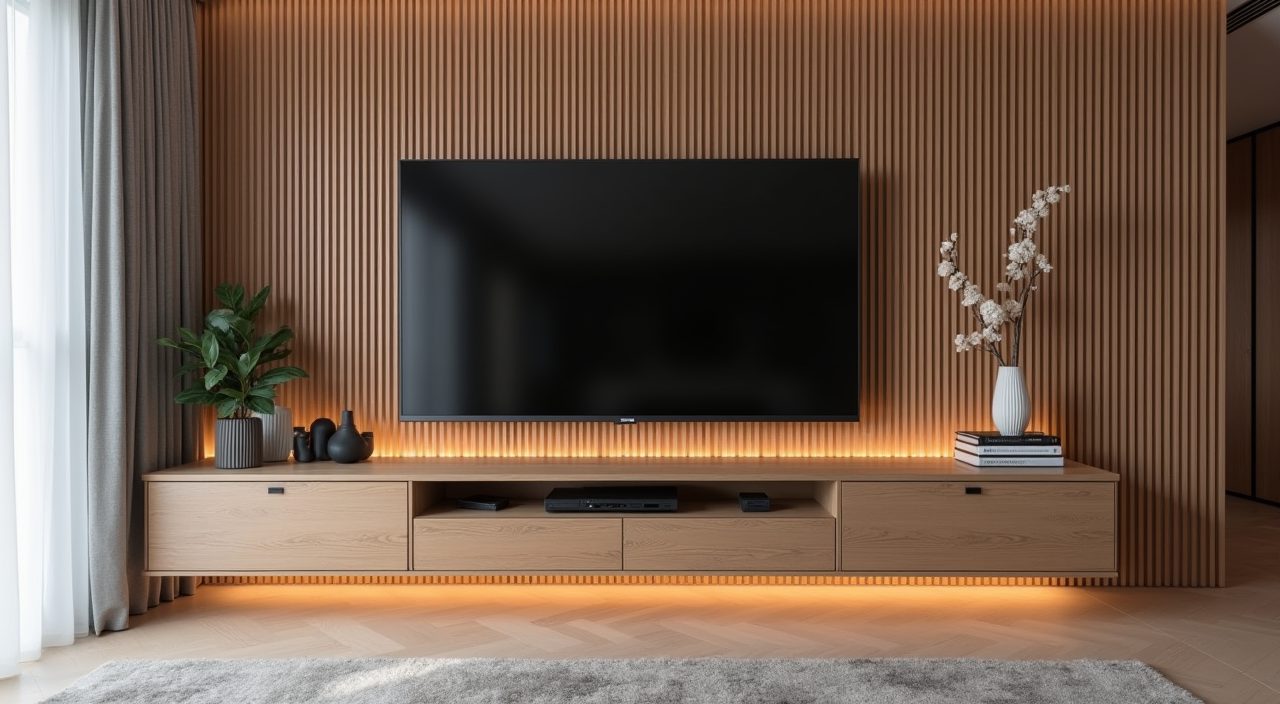 Contemporary HDB living room TV feature wall with fluted timber panelling and a slim floating console