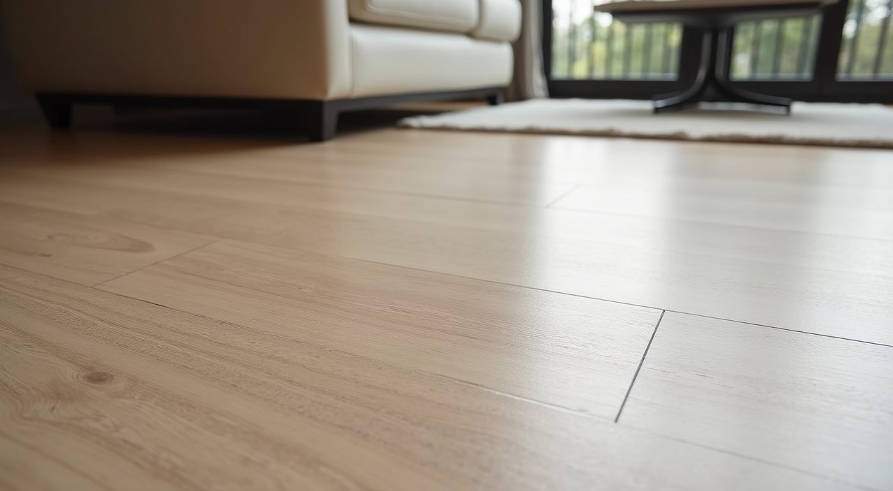 Close up of humidity friendly large format porcelain tiles and engineered timber finish in an HDB living room