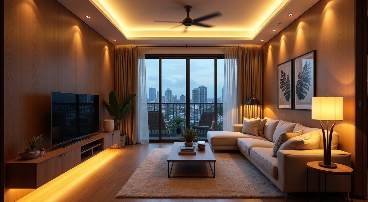 Contemporary HDB living room with layered warm 3000K downlights cove strip and floor lamp lighting