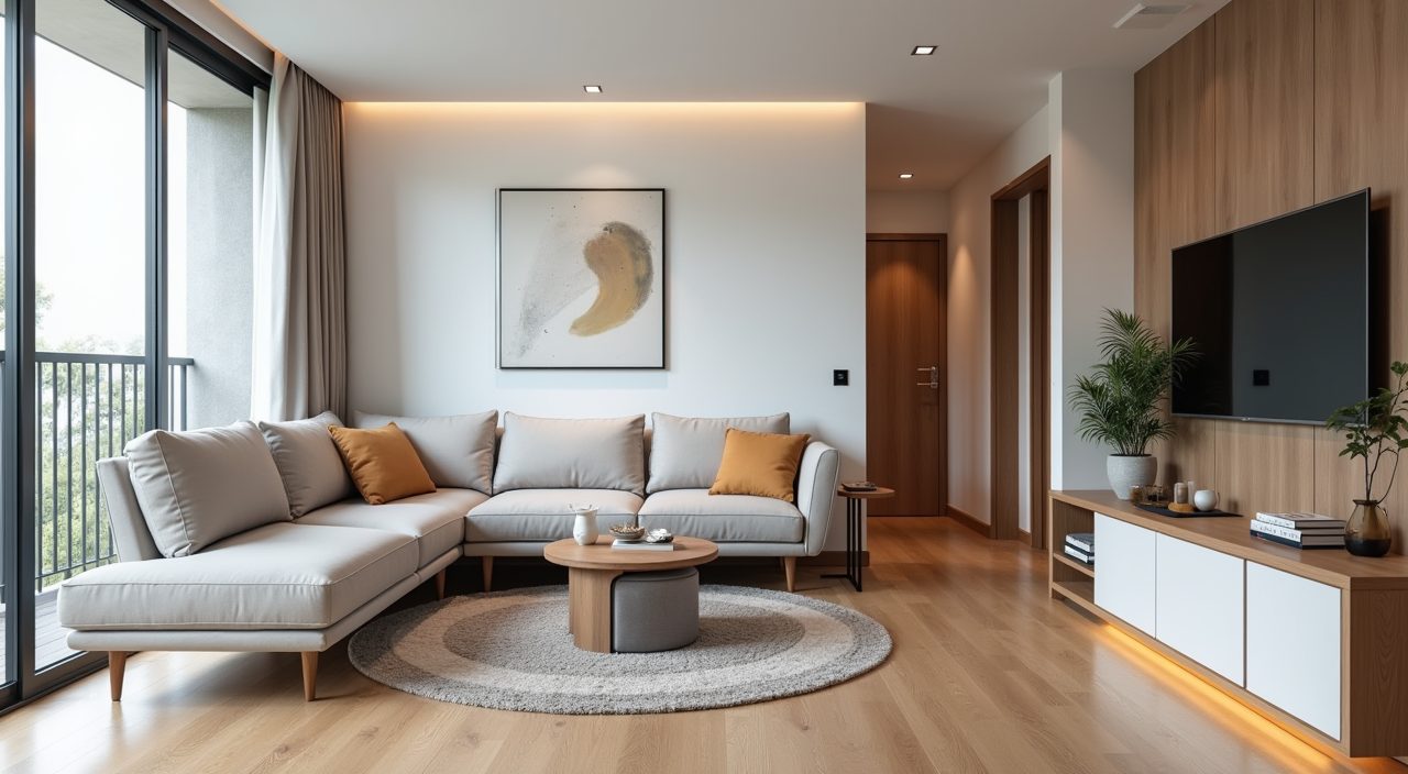 Contemporary HDB living room furnished with a slim legged sofa and nesting tables scaled to the space