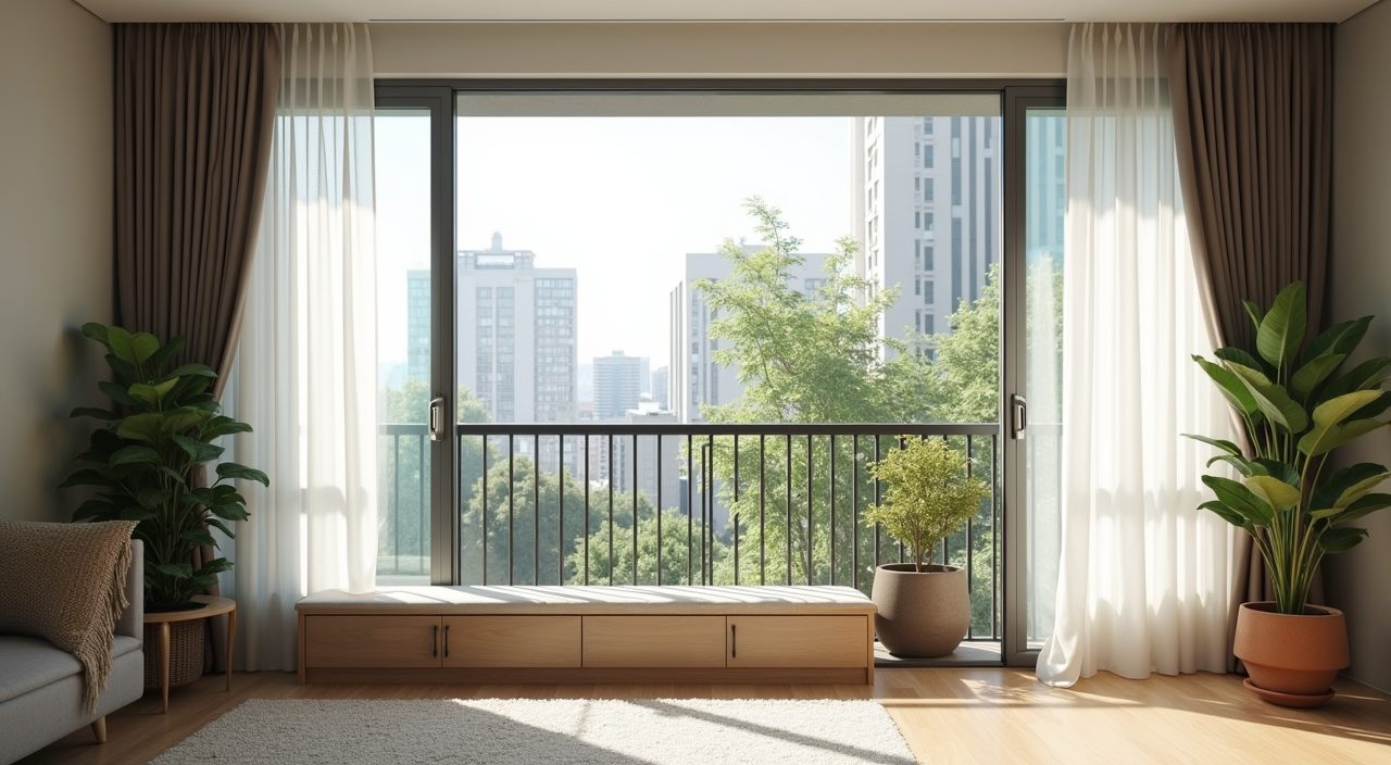 Contemporary HDB living room window line with sheer curtains a low bench nook and plants by the balcony