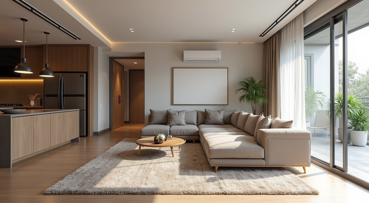 Contemporary HDB open plan living and dining area zoned with a rug pendant light and low console