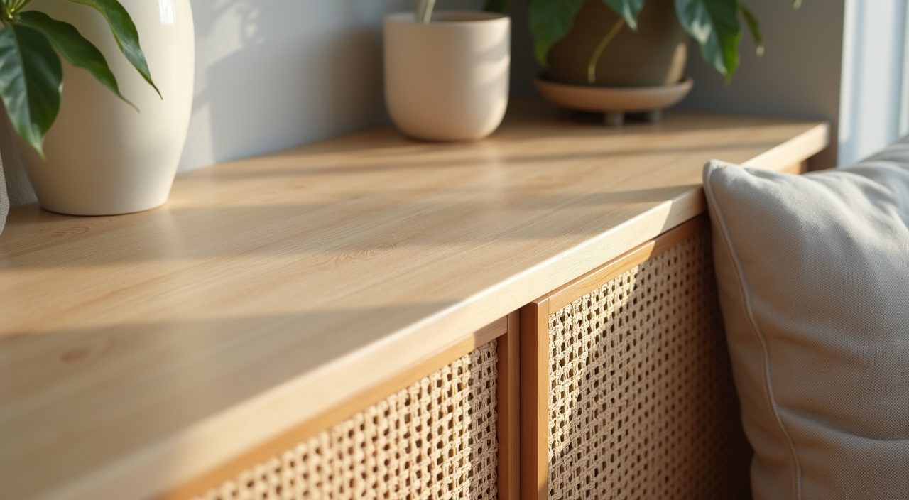 Close up material detail of oak veneer rattan weave and linen texture in a contemporary HDB living room