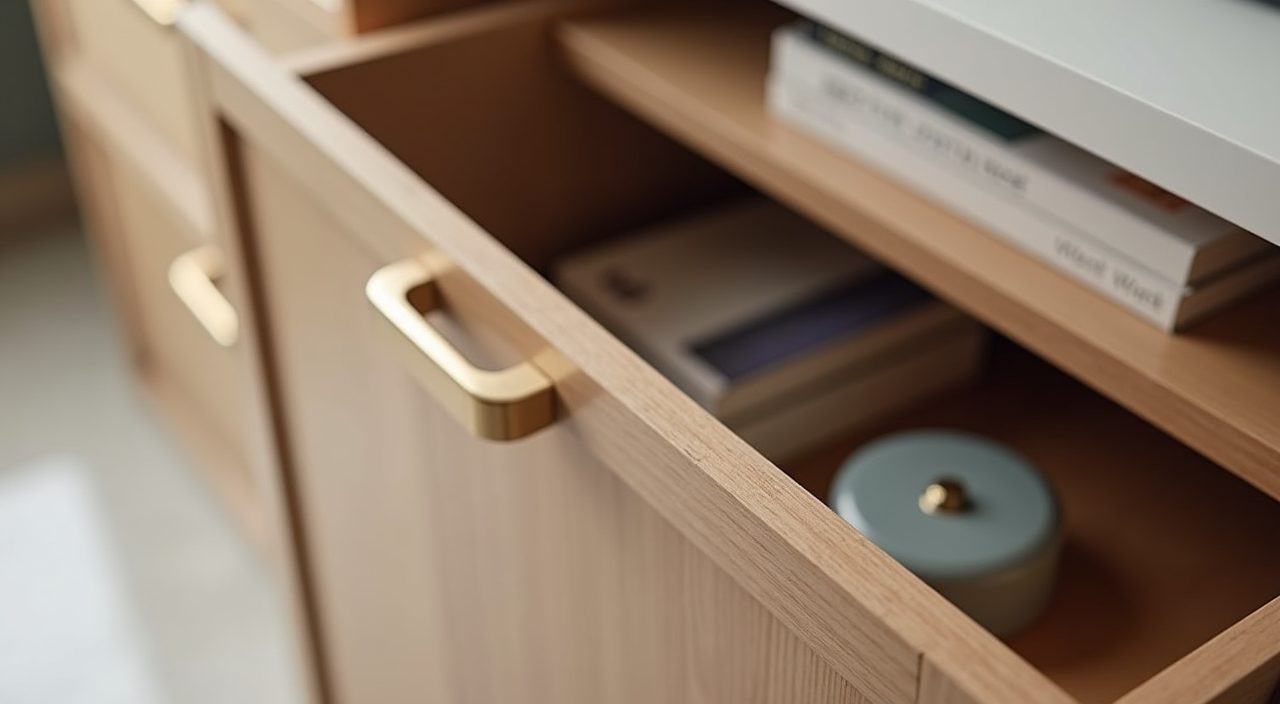 Close up storage detail of a handleless push to open cabinet and open shelf in an HDB living room