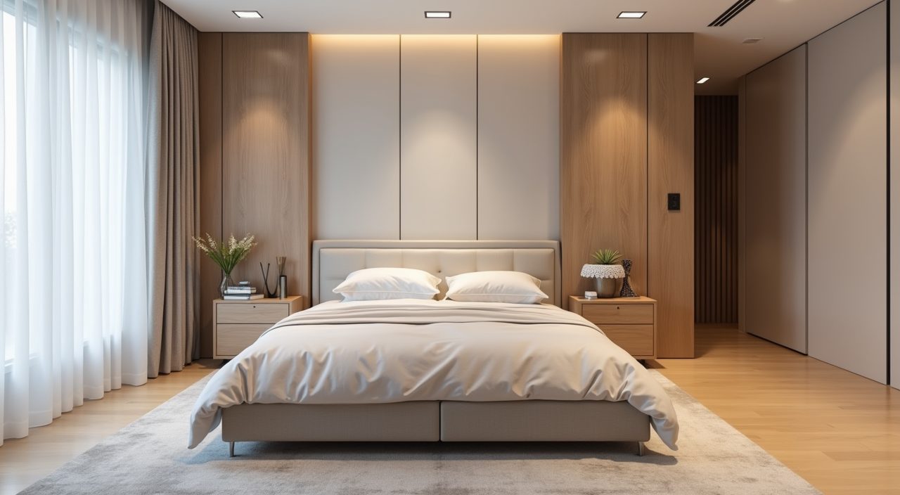 Contemporary HDB master bedroom wide view showing queen bed positioned against solid wall with clear side clearances
