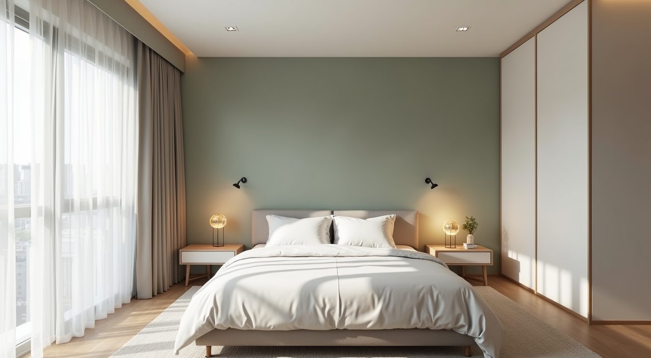 Contemporary HDB master bedroom with warm greige walls and muted sage accent wall in bright tropical daylight