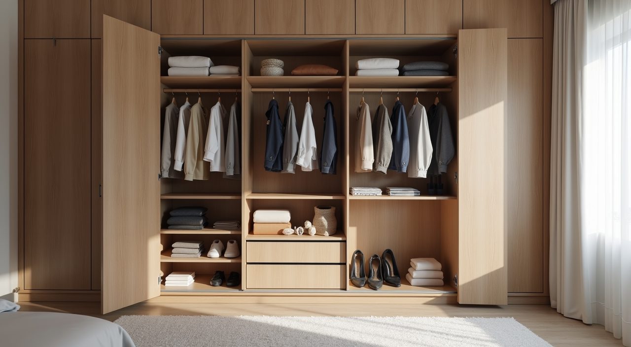 Contemporary HDB master bedroom wardrobe interior detail with plywood shelving and hanging rails