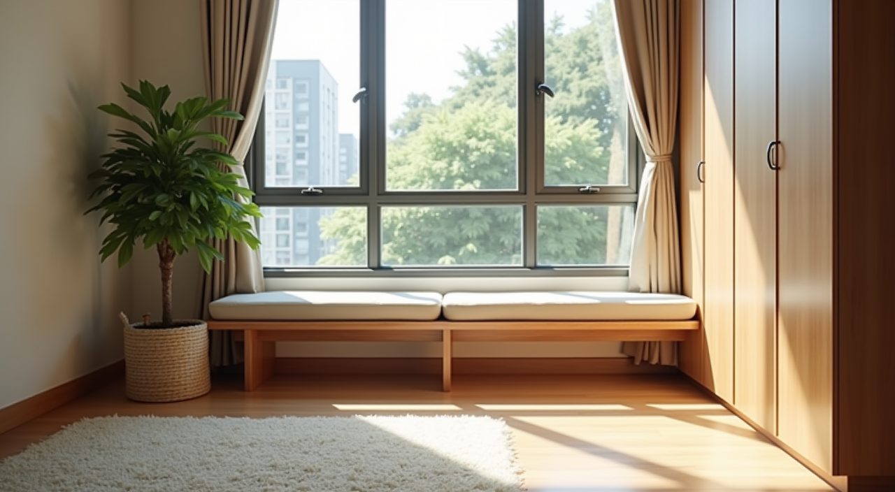 Contemporary HDB master bedroom window nook with low bench, soft rug over vinyl flooring and a potted plant