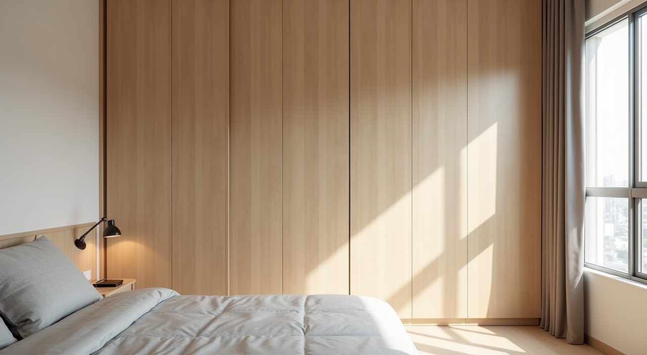 Contemporary HDB master bedroom full height built in wardrobe with sliding laminate doors running to the ceiling
