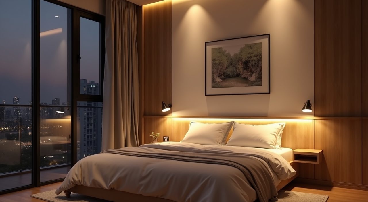 Contemporary HDB master bedroom lighting detail with downlights, bedside wall light and warm LED strip behind headboard