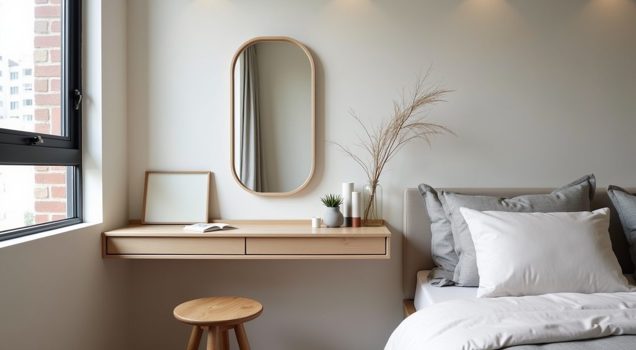 Contemporary HDB master bedroom corner with slim wall mounted vanity ledge, stool and mirror beside the window