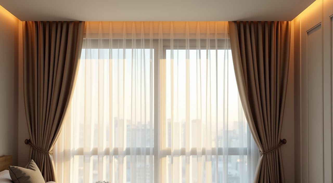 Contemporary HDB master bedroom window with layered sheer and blackout curtains from a recessed ceiling pelmet