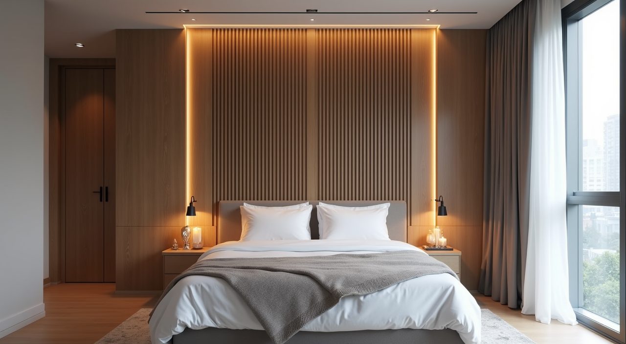 Contemporary HDB master bedroom fluted timber headboard feature wall with integrated warm bedside sconces