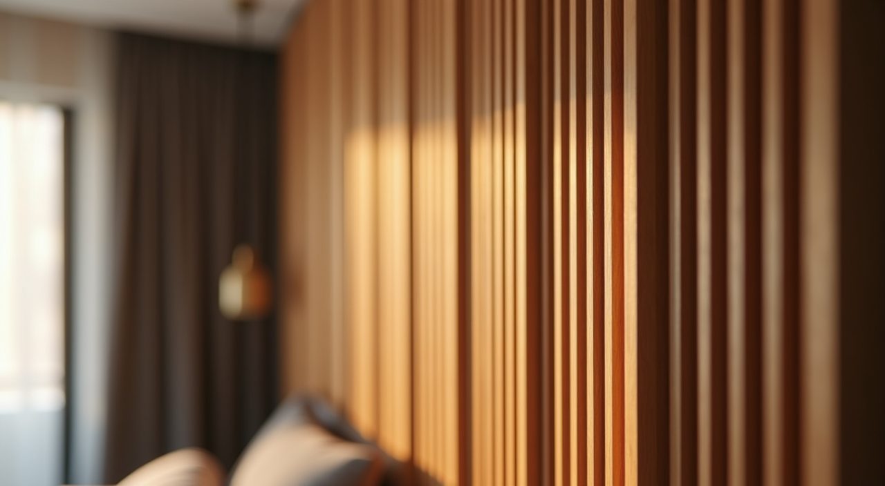 Close up texture detail of a warm fluted timber panel in a contemporary HDB master bedroom