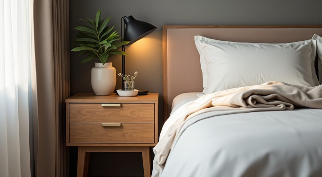 Contemporary HDB master bedroom bedside table detail with laminate nightstand, ceramic lamp and linen throw