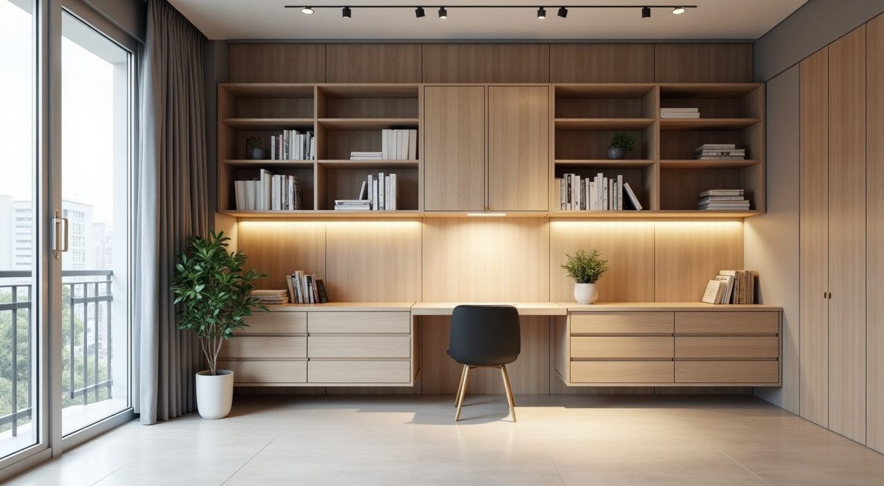 Contemporary HDB study room with vertical wall storage of open shelves and closed cabinets above a clear floor