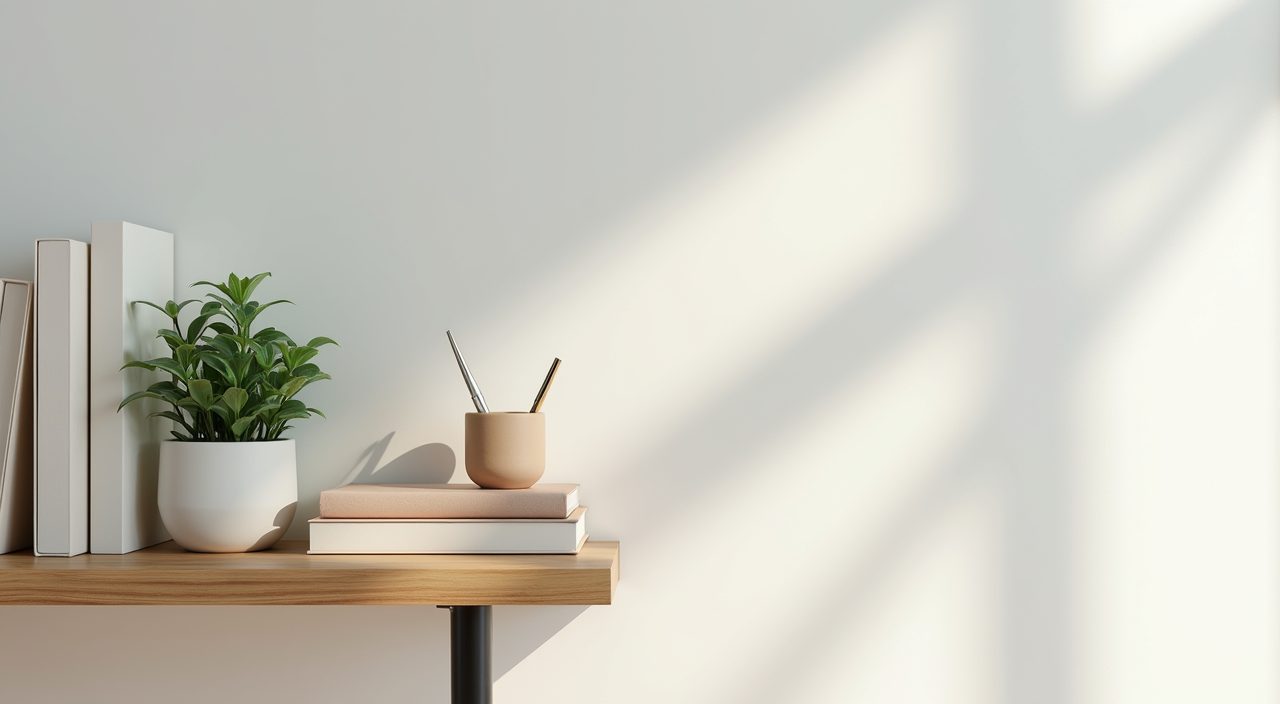 Styled eye level open shelf with books plant and pen holder in a contemporary HDB study