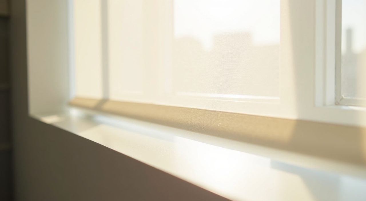 Sheer off white roller blind diffusing afternoon light at a contemporary HDB study window