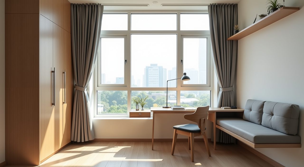 Contemporary HDB study nook built into a bay window ledge with a slim writing top and wall shelf