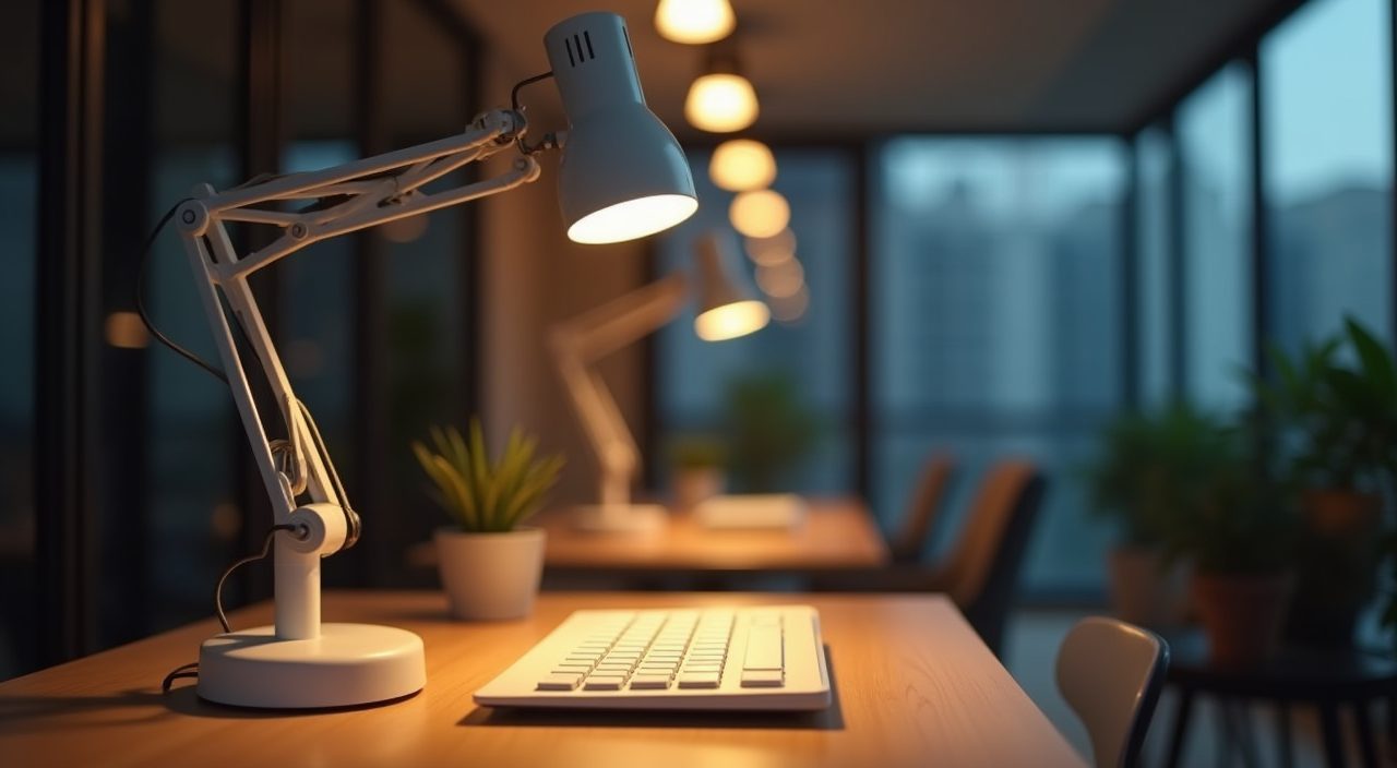 Adjustable arm task lamp lighting a keyboard on a contemporary HDB study desk