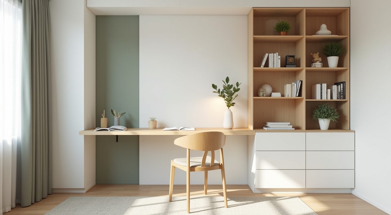 Contemporary HDB study room in a calm light palette of soft white warm grey and pale sage with wood accents