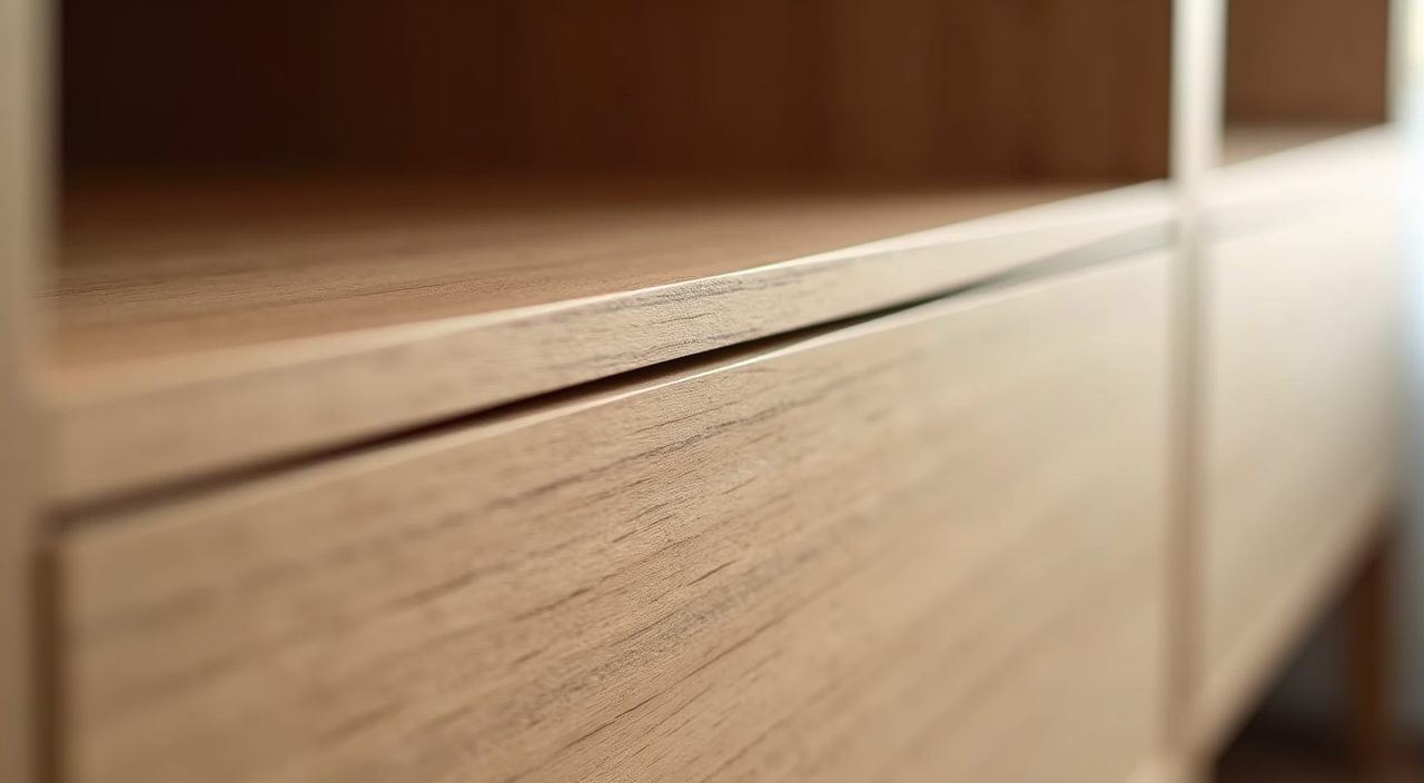 Close up of wood veneer plywood shelf edge and matte laminate desk in a contemporary HDB study