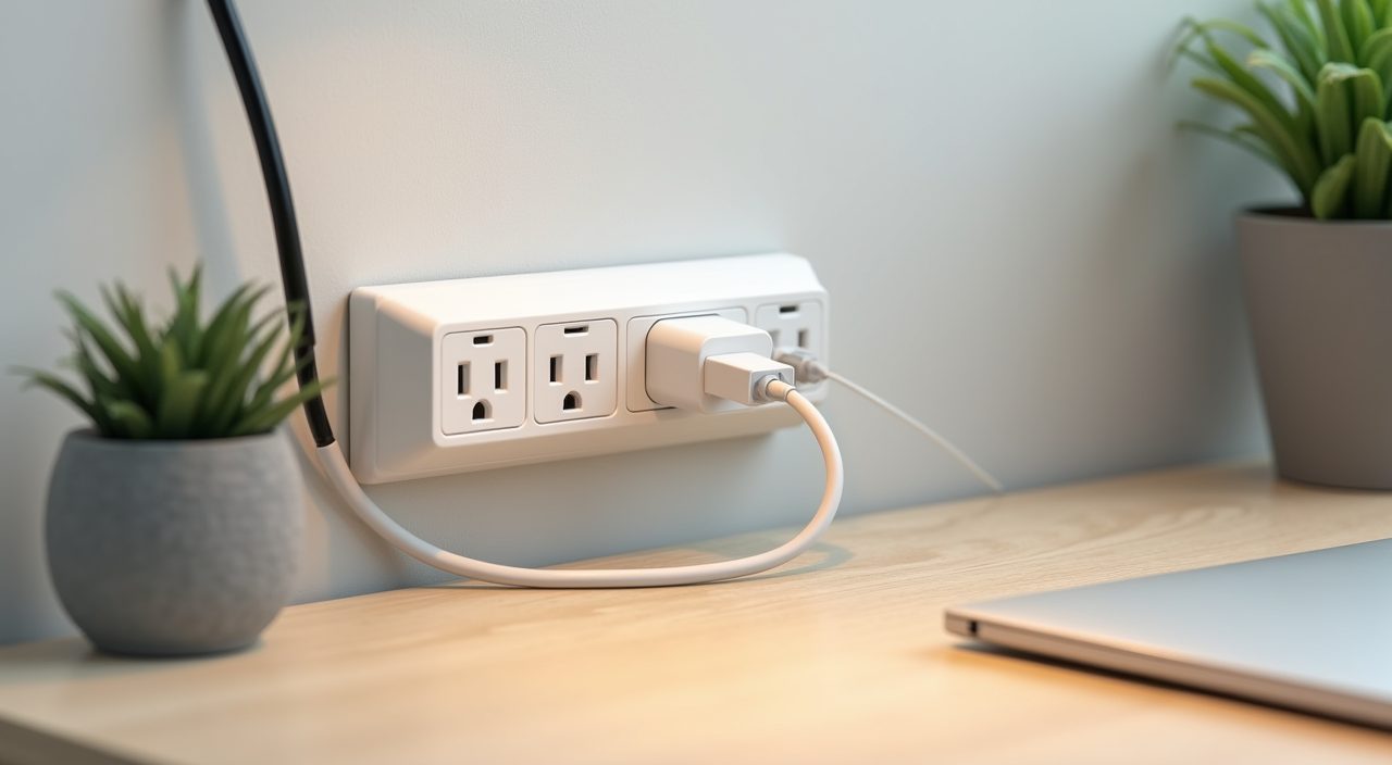 Bank of power sockets at desk height with tidy cable management in a contemporary HDB study