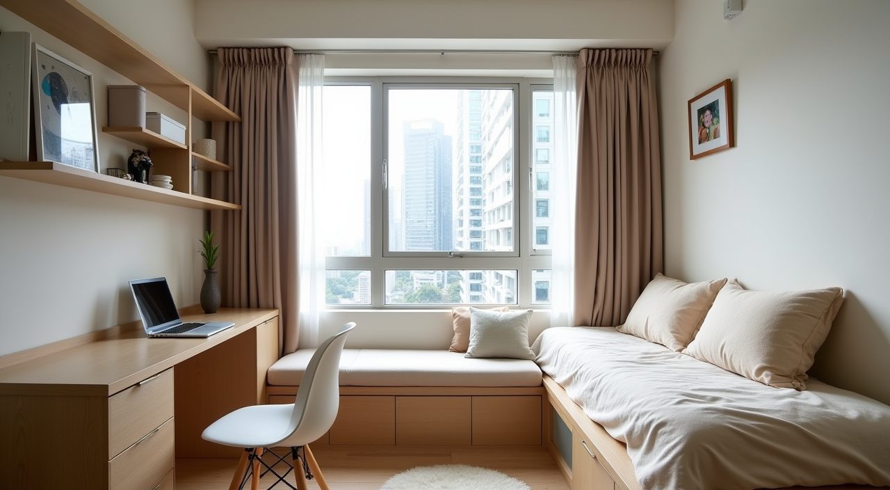 Contemporary HDB study room with a daybed under the window serving as a guest bed and reading corner