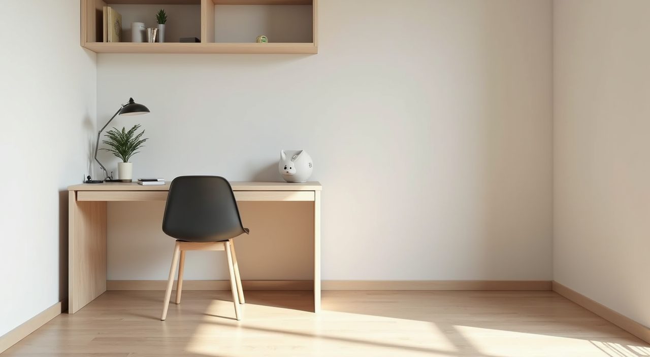Contemporary HDB study with a fold down wall mounted desk open beside a compact chair